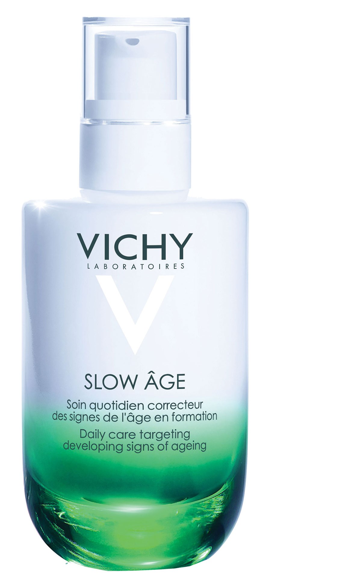 Φροντίδα ημέρας Slow Age SPF 25 με αντιοξειδωτικό εκχύλισμα ρίζας Bacailin, βιταμίνες C, G, E, Bifidus προβιοτικής προέλευσης, που αντιμετωπίζει τα σημάδιαγήρανσης που προκαλούνται απότις περιβαλλοντικές επιθέσεις, Vichy.