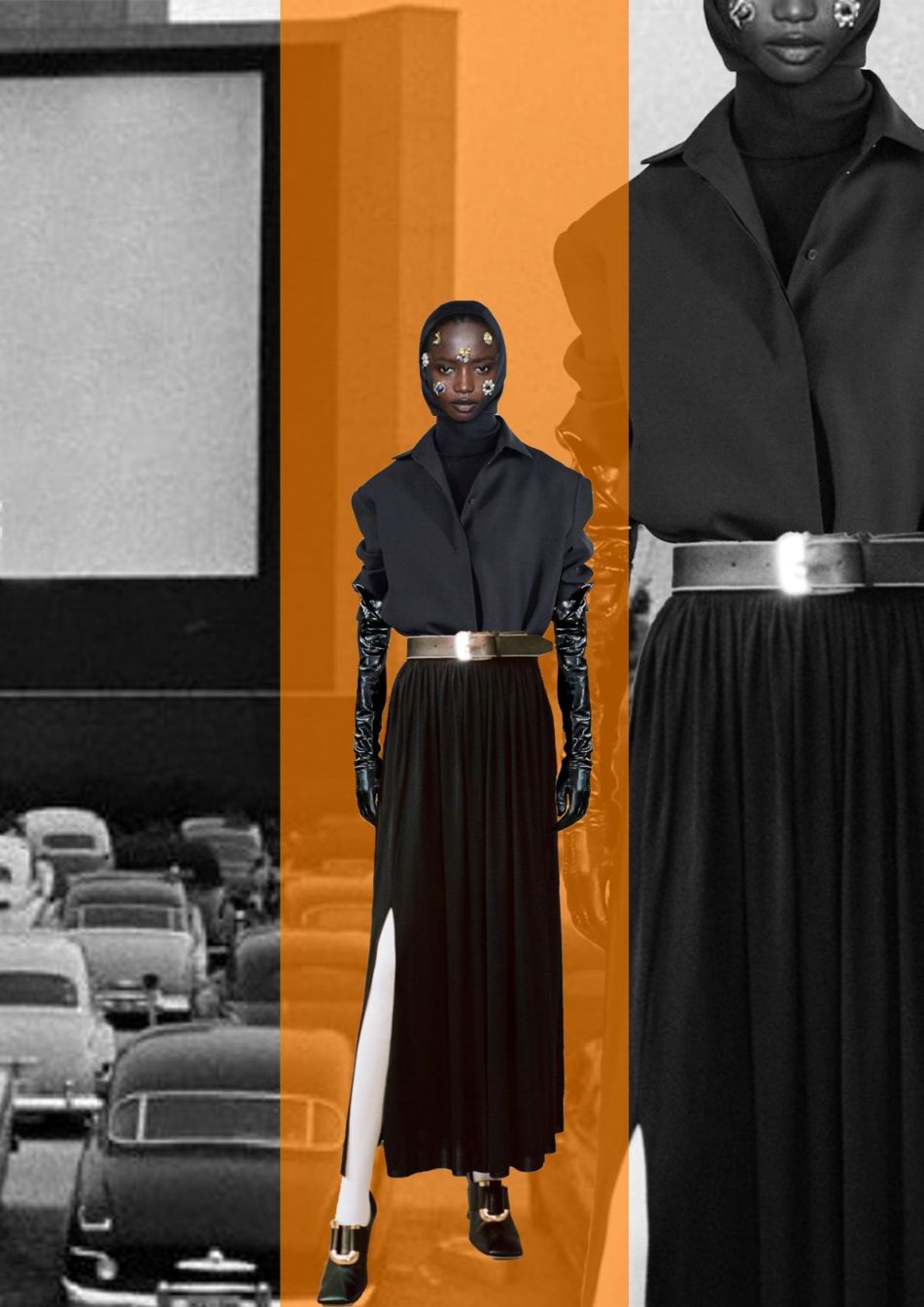 Ολόσωμη φόρμα και γάντια Schiaparelli, πουκάμισο The Row, φούστα και παπούτσια Proenza Schouler.