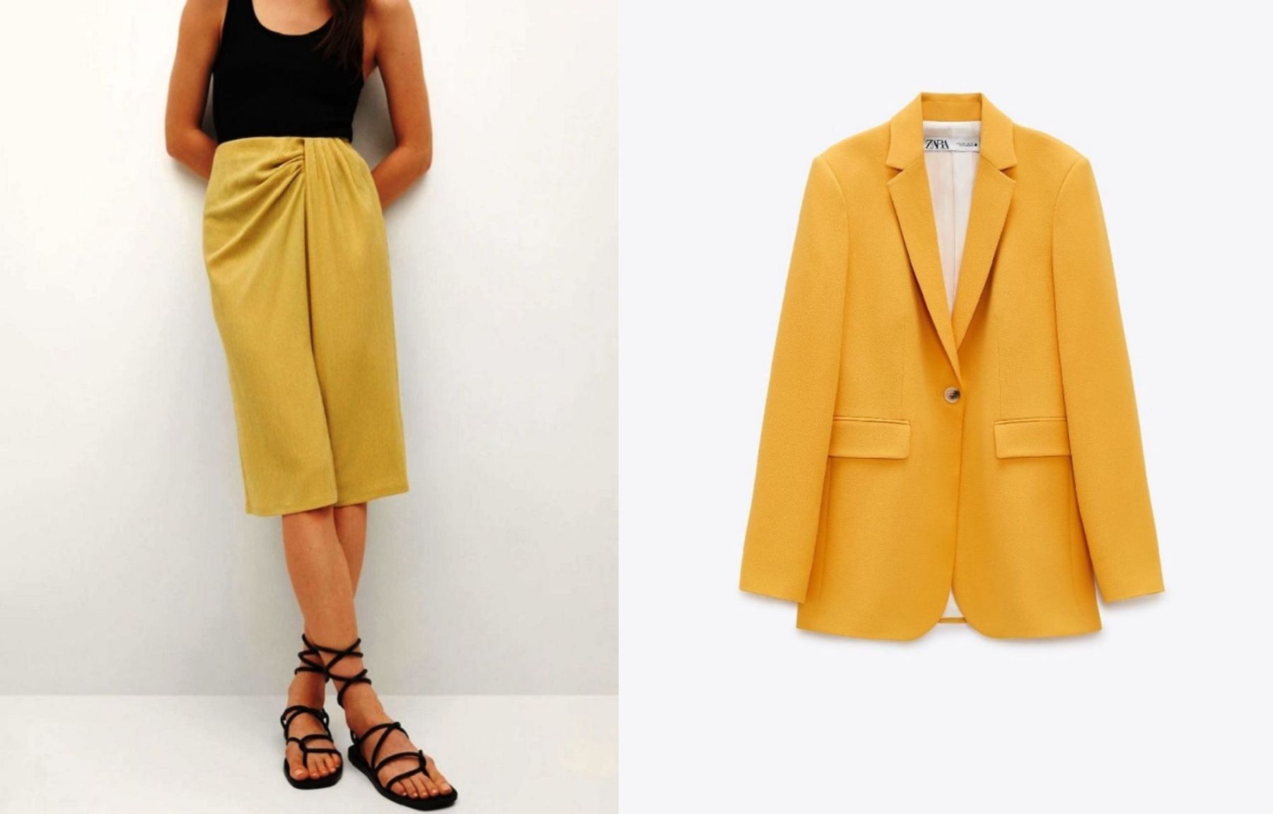 Ντραπέ φούστα, 19.99€ Mango, σακάκι 69,95€ , Zara.