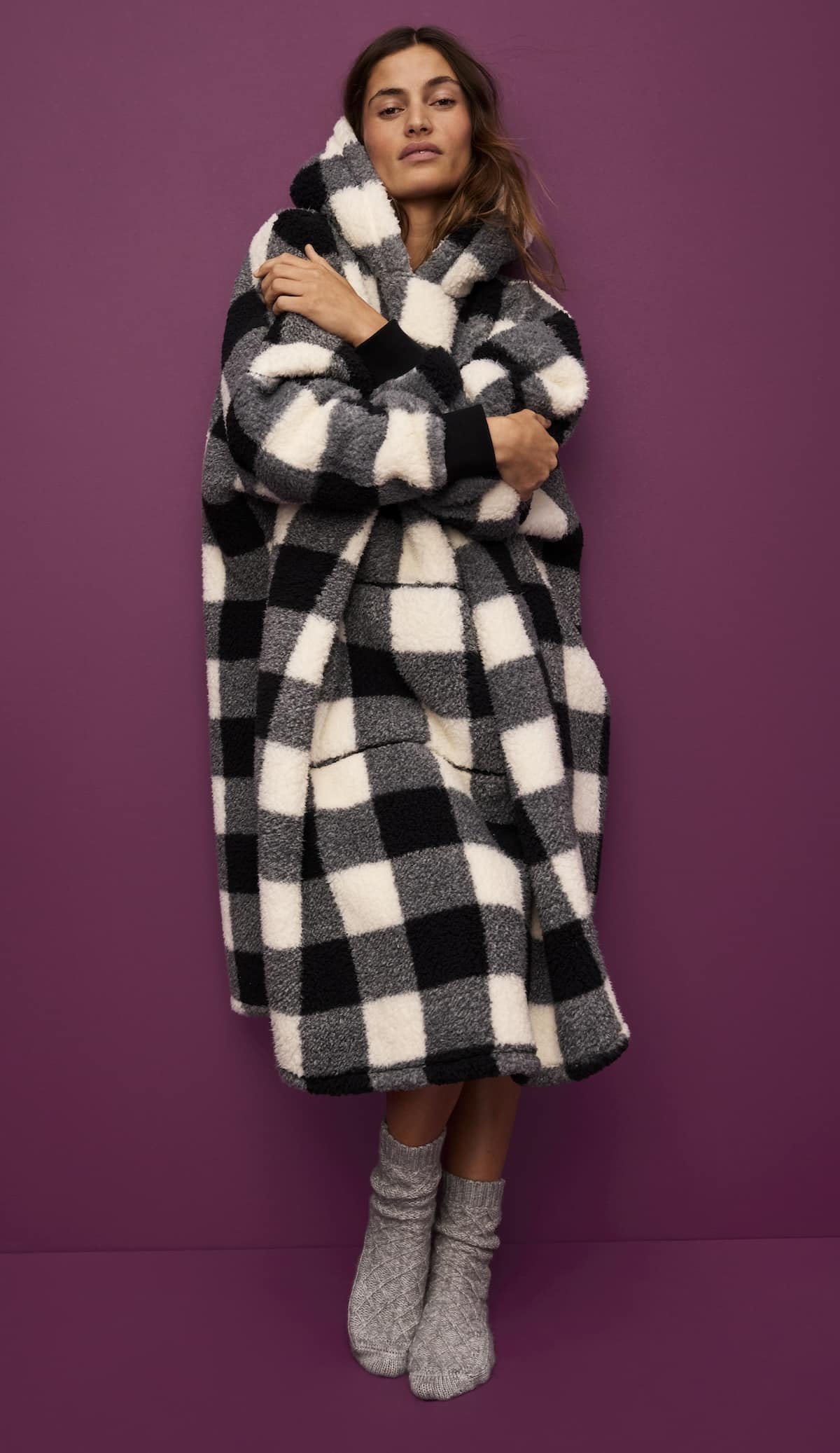 Καρό φλις oversized φούτερ με κουκούλα, 42.99 €