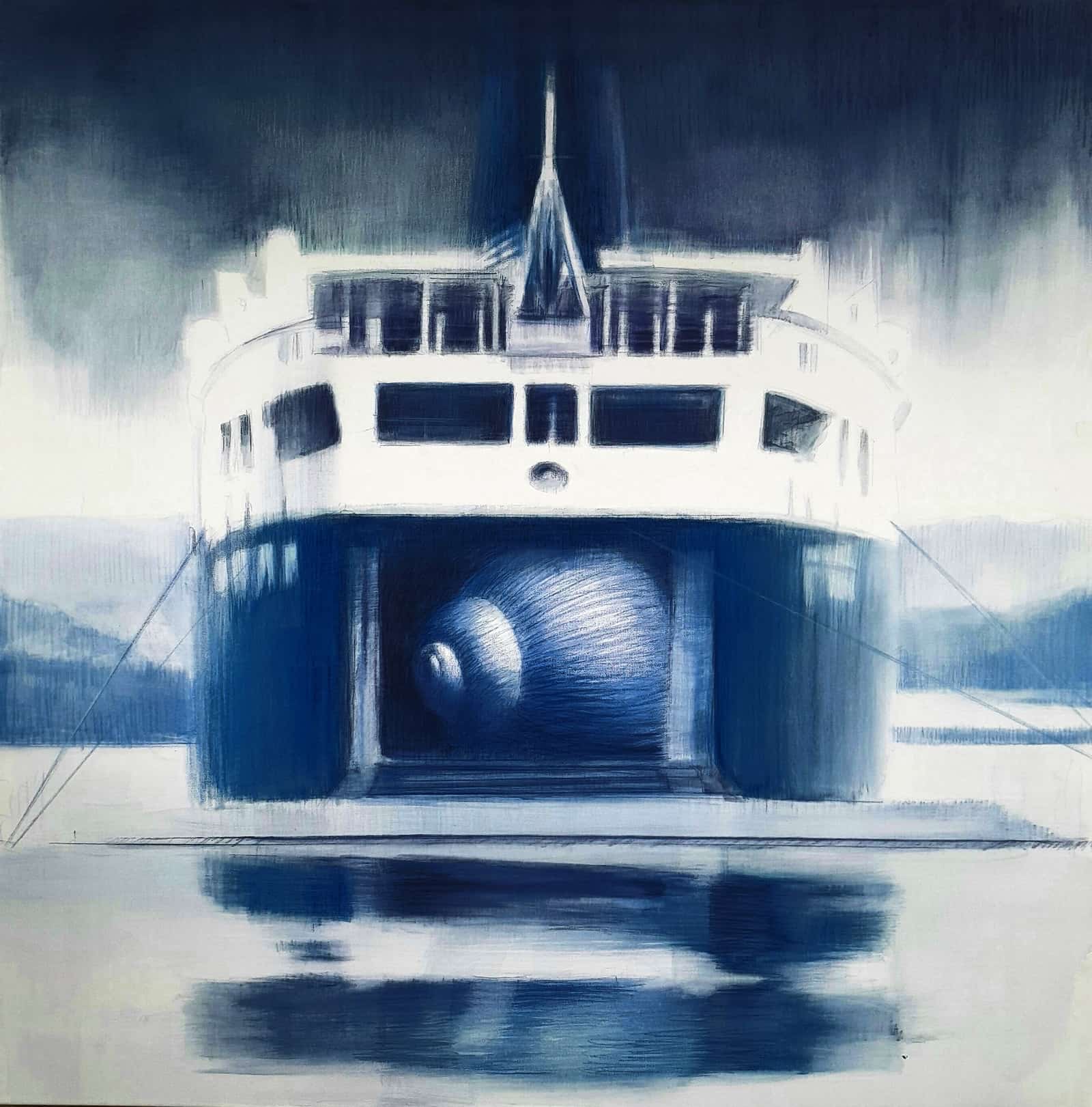 Ferry, watercolour pencil & acrylics on canvas 1x1m